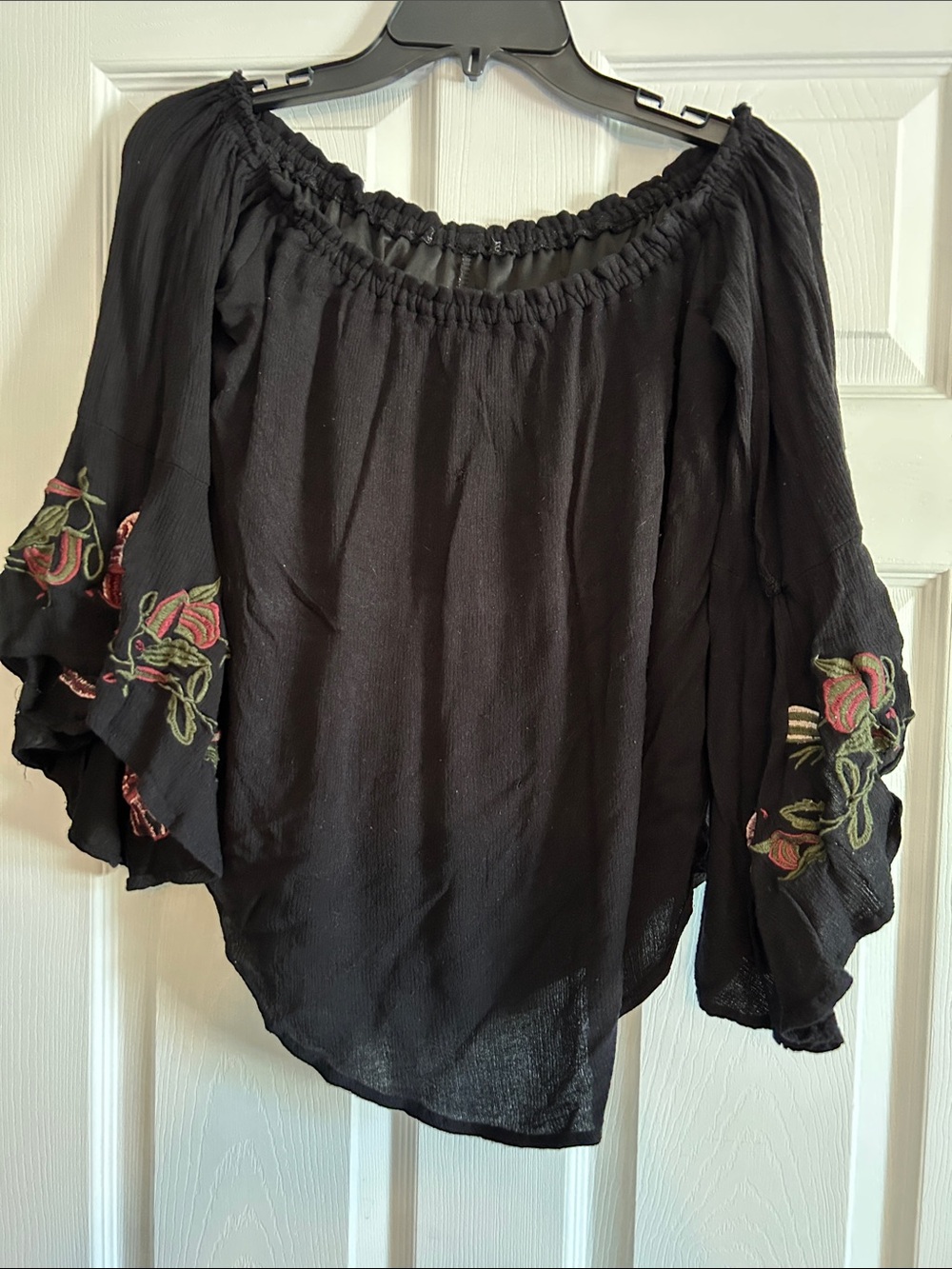 Boho Off-Shoulder Black Peasant Blouse with Floral Embroidery